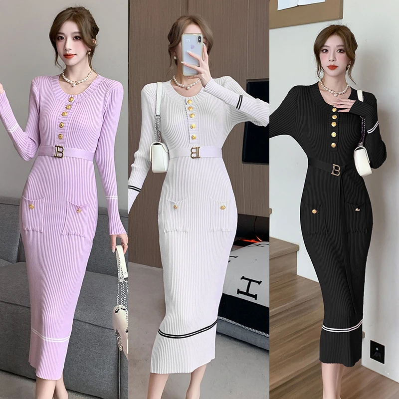 

2024 Autumn Fashion Women Button Elegant Stretch Knitting Dresses Women Korean Vintage Vestidos Office Party Casual Pencil Dress