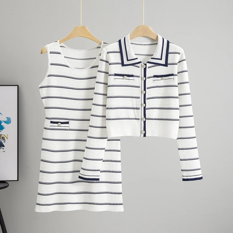 

Two Piece Set Lapel Long Sleeved Cropped Cardigan High Waist Knitted Mini Vest Dress Bodycon Outfits Stripe Matching Sets