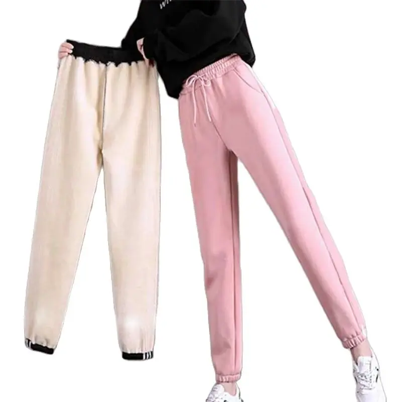 

2022 Winter Casual Women Plus Velvet Fleece Pants Keep Warm Thick Trousers Fashion Solid Color Loose Drawstring Sweatpants Plush