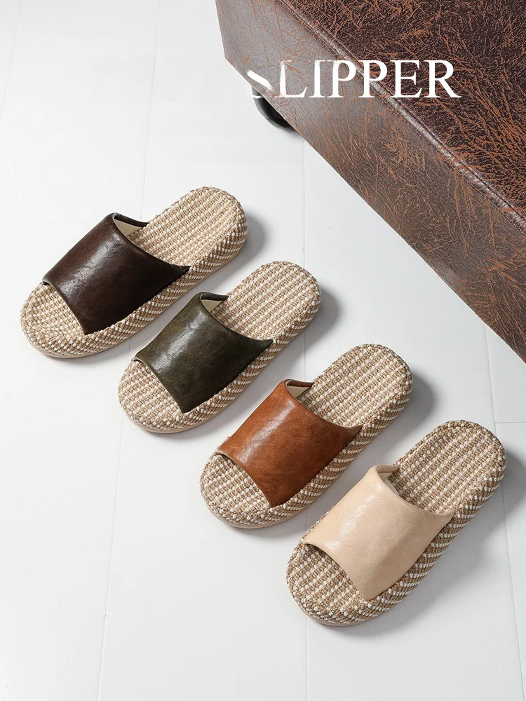 

Премиальные кожаные льняные тапочки для мужчин и женщин, дышащие, антибактериальные, для дома и офиса, удобные летние шлепанцы.