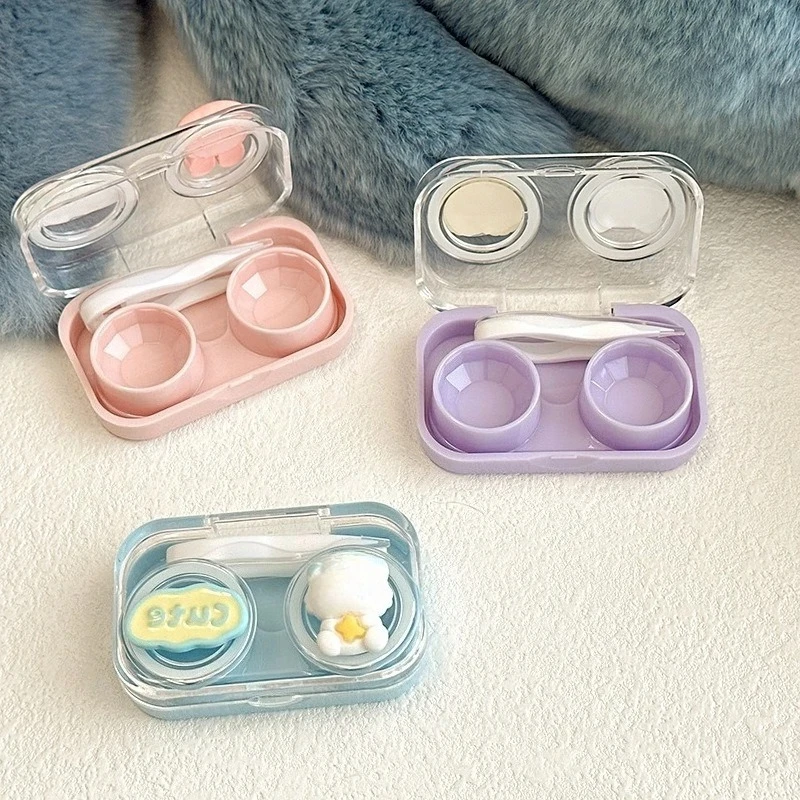 Cartoon Bear Pearl Bunny Flip Top Contact Lens Case No Twist Cap Cute Design Lenses Container Box with Lens Holder Tweezer