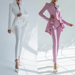 Katmanlı Ruffles kadın pantolon takım elbise Slim Fit uzun kollu pantolon setleri yüksek Streetwear iş iş elbisesi 2 parça