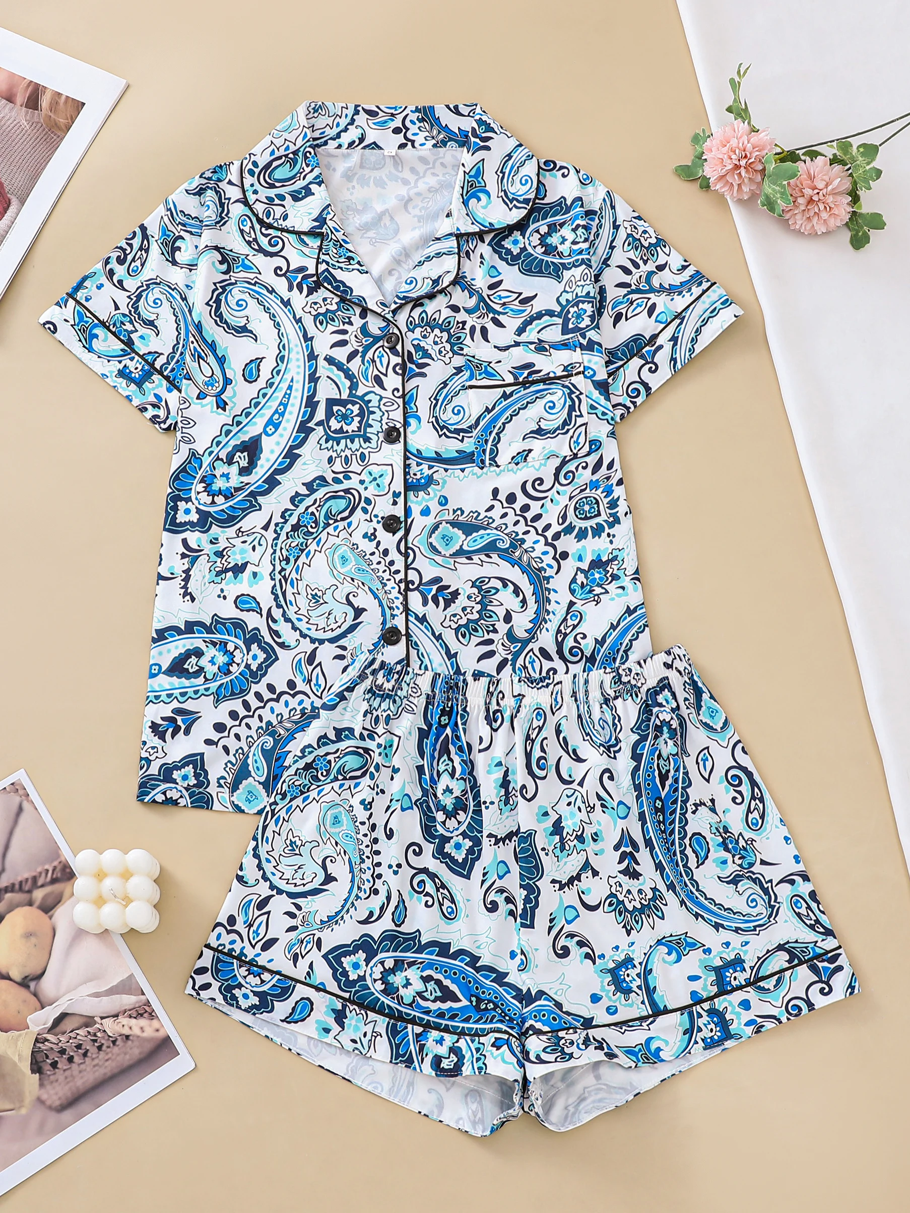 

Повседневный Кардиган с принтом пейсли, женская одежда для сна, топ с коротким рукавом и свободные шорты, удобная женская одежда для сна