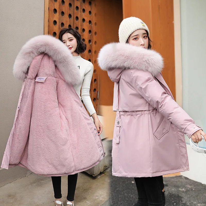 Parka feminina moda casaco longo forro de lã com capuz parkas 2024 nova jaqueta de inverno fino com gola de pele quente neve usar roupas acolchoadas