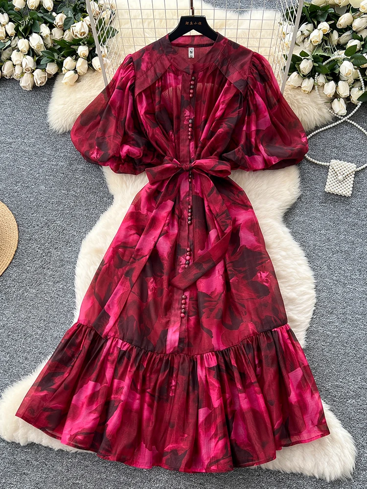 Light Luxury European High-end Printed Bubble Sleeve Dress for Women Summer with Straps Waist Cinching Elegant Party Dress S77