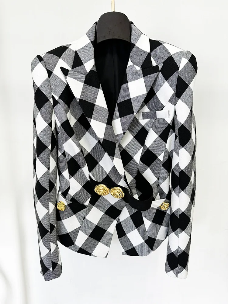 HIGH STREET Newest 2025 Designer Jacket Women's Large metal buckle black and white checkered slim Blazer