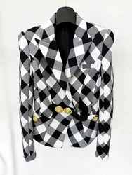 HIGH STREET Newest 2026 Designer Jacket Women's Large metal buckle black and white checkered slim Blazer