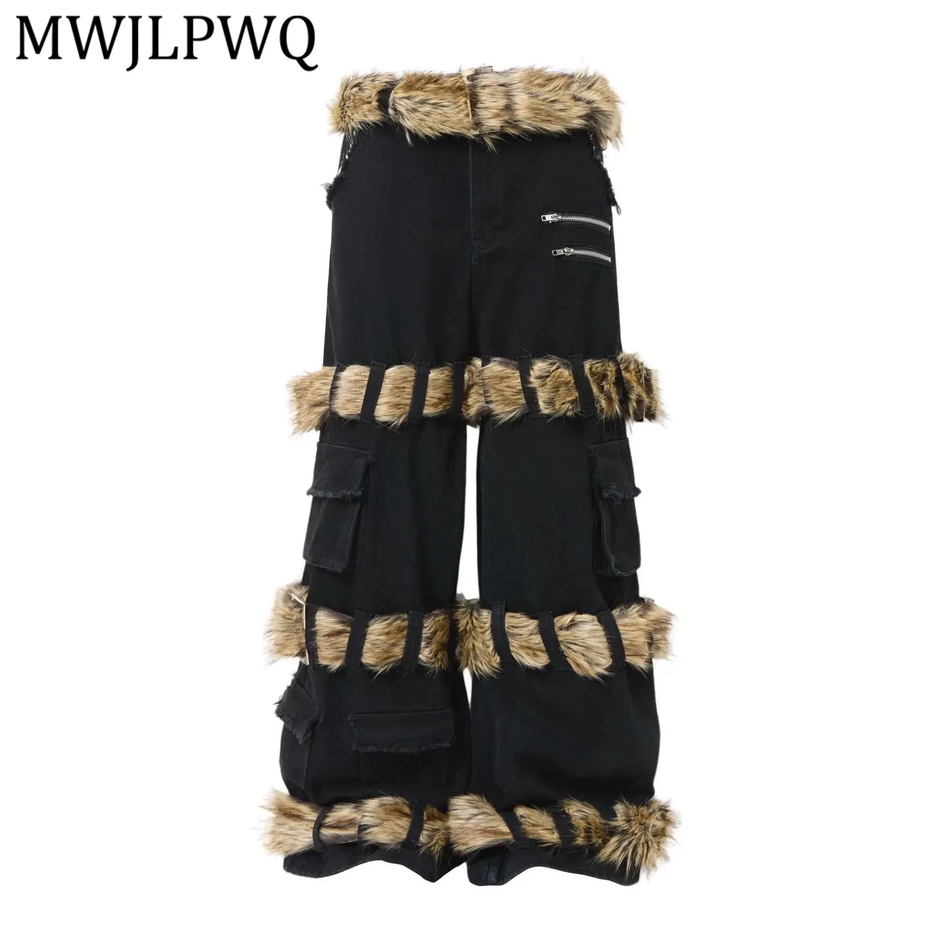 

MWJLPWQ American RO Style Lace Up Fur Jeans Men's High Street Heavy Washed Workwear Personality Loose Wide-Leg Long Pants 21956