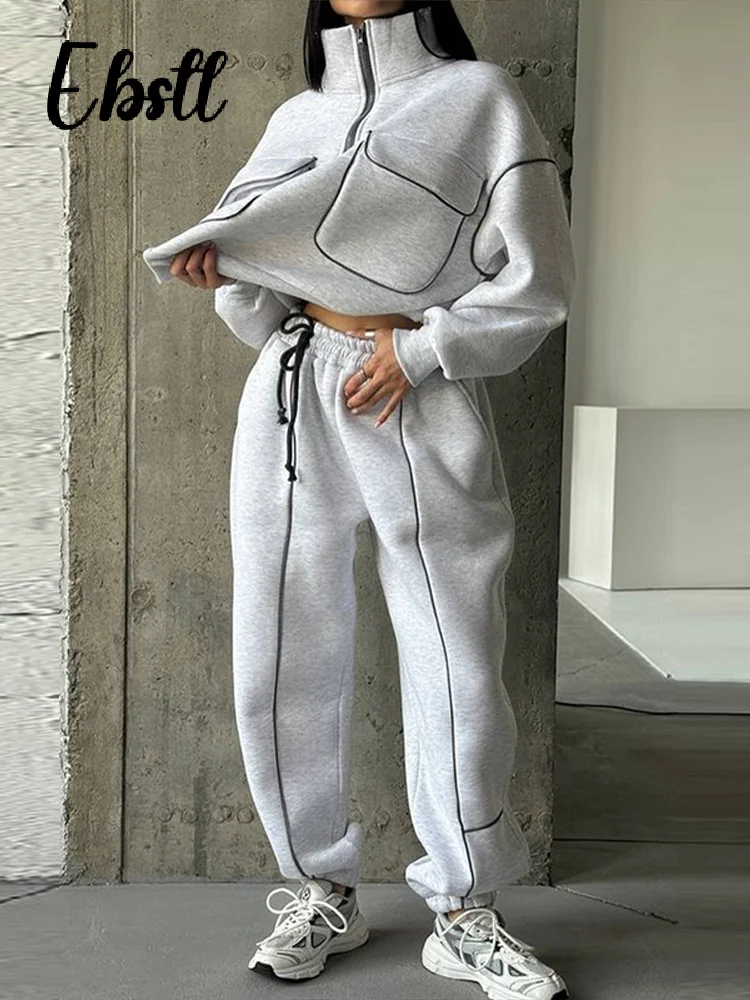 

Sport Half-zip Sweatshirt Trousers Set 2026 New Loose Stand Collar Full Sleeve Pockets Pullover Drawstring Sports Pants Women's