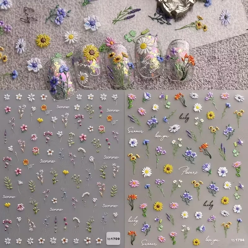 1 個 5D デイジー & ワイルドフラワー エンボスネイルステッカー 鮮やかな色 花柄 自己粘着デカール DIY マニキュア 完璧なホリデーギフト