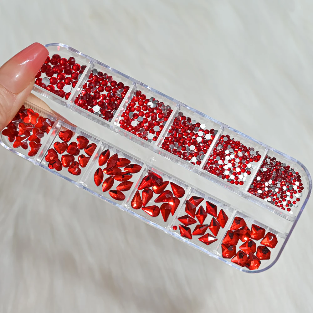 12 شبكة ثلاثية الأبعاد الأحمر مسمار الفن الراين مختلطة فلاتباك القلب/فراشة/قطرة/جولة جوهرة مسمار السحر DIY بها بنفسك ماكياج مانيكير الزينة و #4