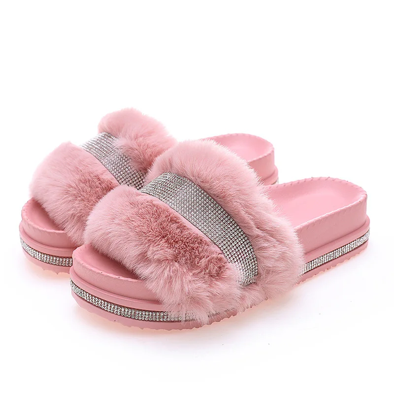 2024 Fur Bright Rhinestone Slippers Women Luxury Platform Heel Fluffy Furry Slides Outside Flip-Flop Ladies Fur Sandals