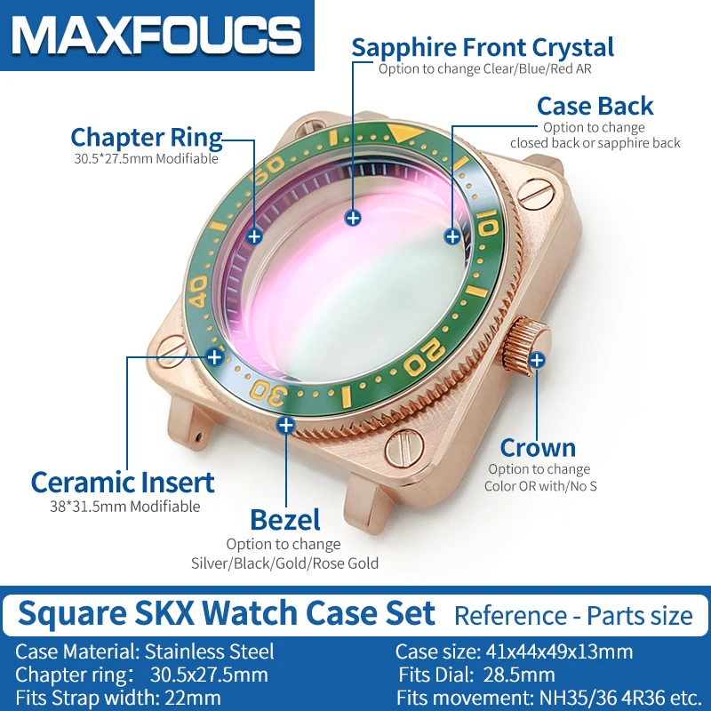 Square SKX Rose Gold Watch Case MOD NH35 NH36 4R36 Shiny/Brushed Stainless Steel Ceramic Insert Watches Cases Parts ﻿