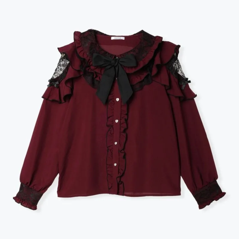 

Japanese Lolita Elegant Long Sleeve T-Shirt Solid Color Lace Button Bow Polo Neck Slim Top Y2k Vintage Spring Autumn 2025