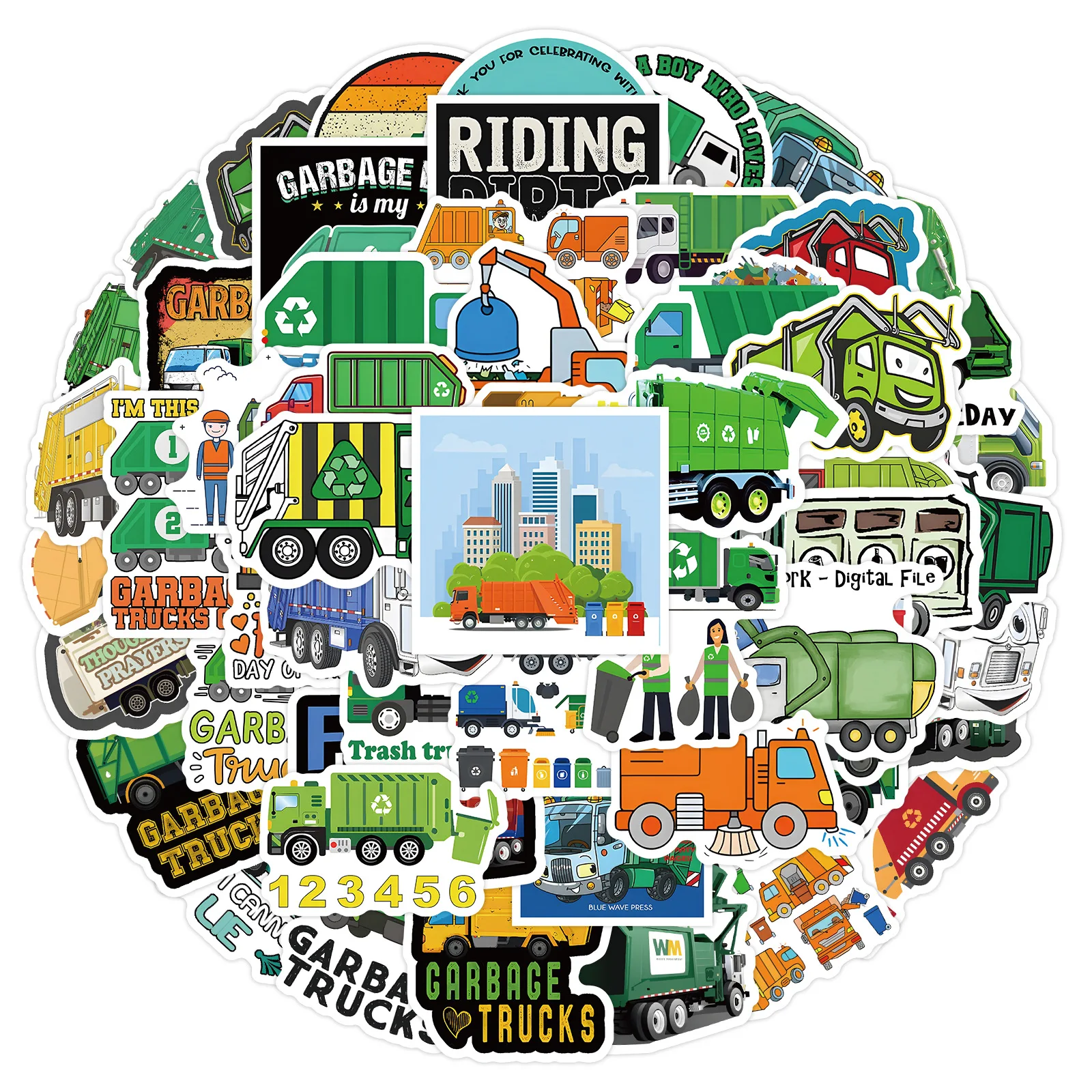 60PCS Garbage Truck Stickers Cartoon Construction Vehicle & Recycling Truck DIY Decorative Notebook Waterproof Stickers Kids Toy