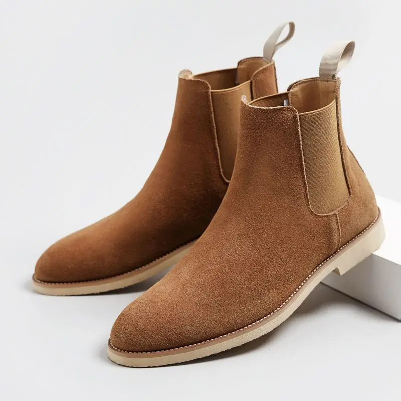 Men\'s Retro Suede Genuine Leather Chelsea Boots Men Fashion Ankle Boot Mens Casual British Style Short Boots High-Top Shoes