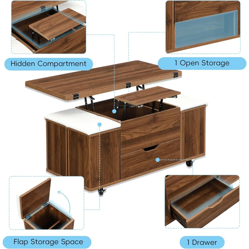 Customized.Multi-Functional Lift-Top Coffee Table with 4 Stools, Hidden Storage and Drawers, Modern Movable Center Table with St
