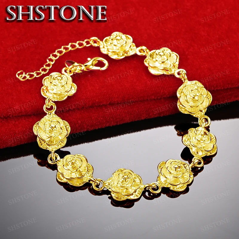 18K Gold Bracelets For Woman Flower Hand Chain Lady Party Engagement Wedding Fashion Jewelry Gifts