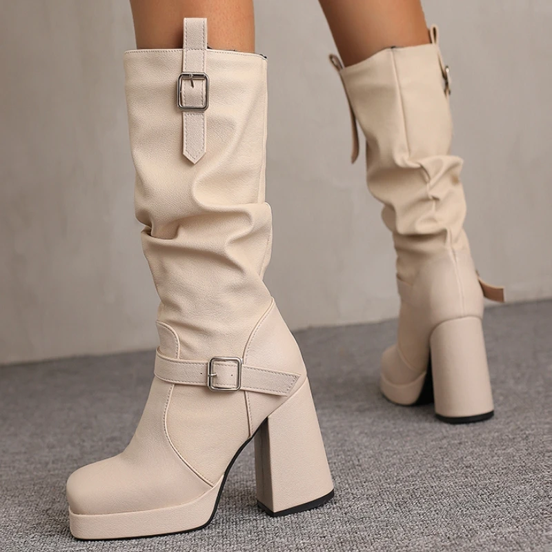 

Сапоги до колена из искусственной кожи на платформе, осенне-зимняя обувь, женские высокие сапоги, модные черные, бежевые, коричневые, длинные туфли на каблуке, женские большие размеры 48