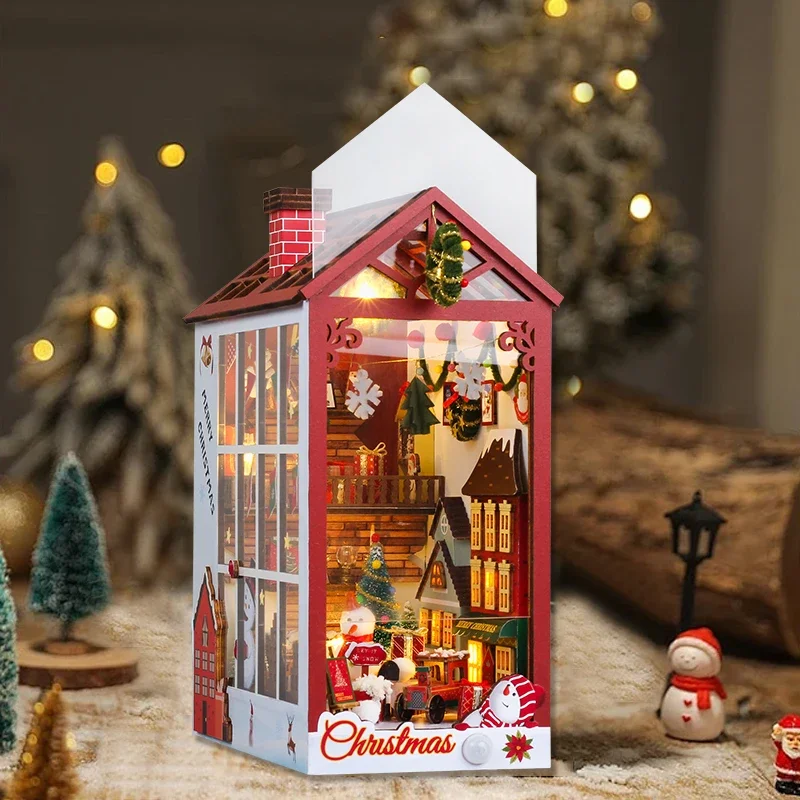 나무 크리스마스 인형 집 키트 책장 삽입 장식, LED 조명 3D 퍼즐 조립 모델 북엔드, 어린이 크리스마스 선물
