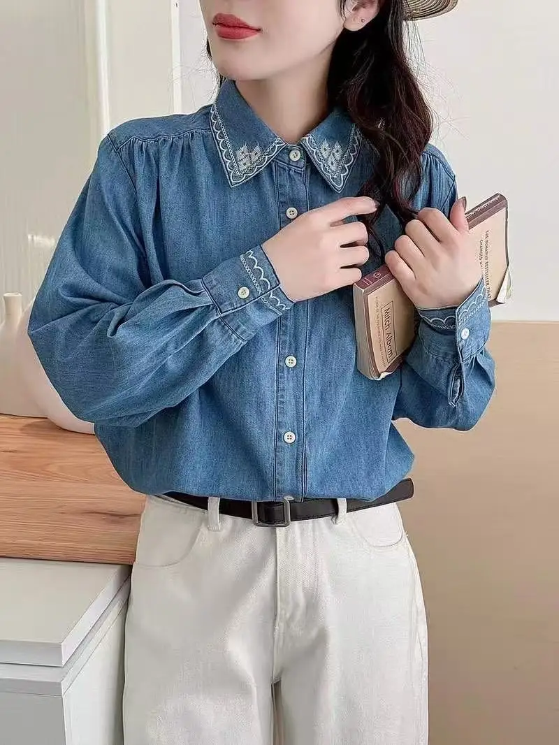 2027 Women's stylish blouses designer denim shirts bohemian women Harajuku fashion embroidered jean blouses view 4