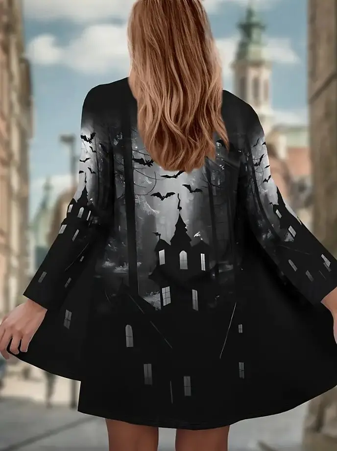 ハロウィン レディース 3D プリント スカル 長袖カーディガン、ポリエステル オープンフロント、軽量カバーアップ、秋カジュアルコート