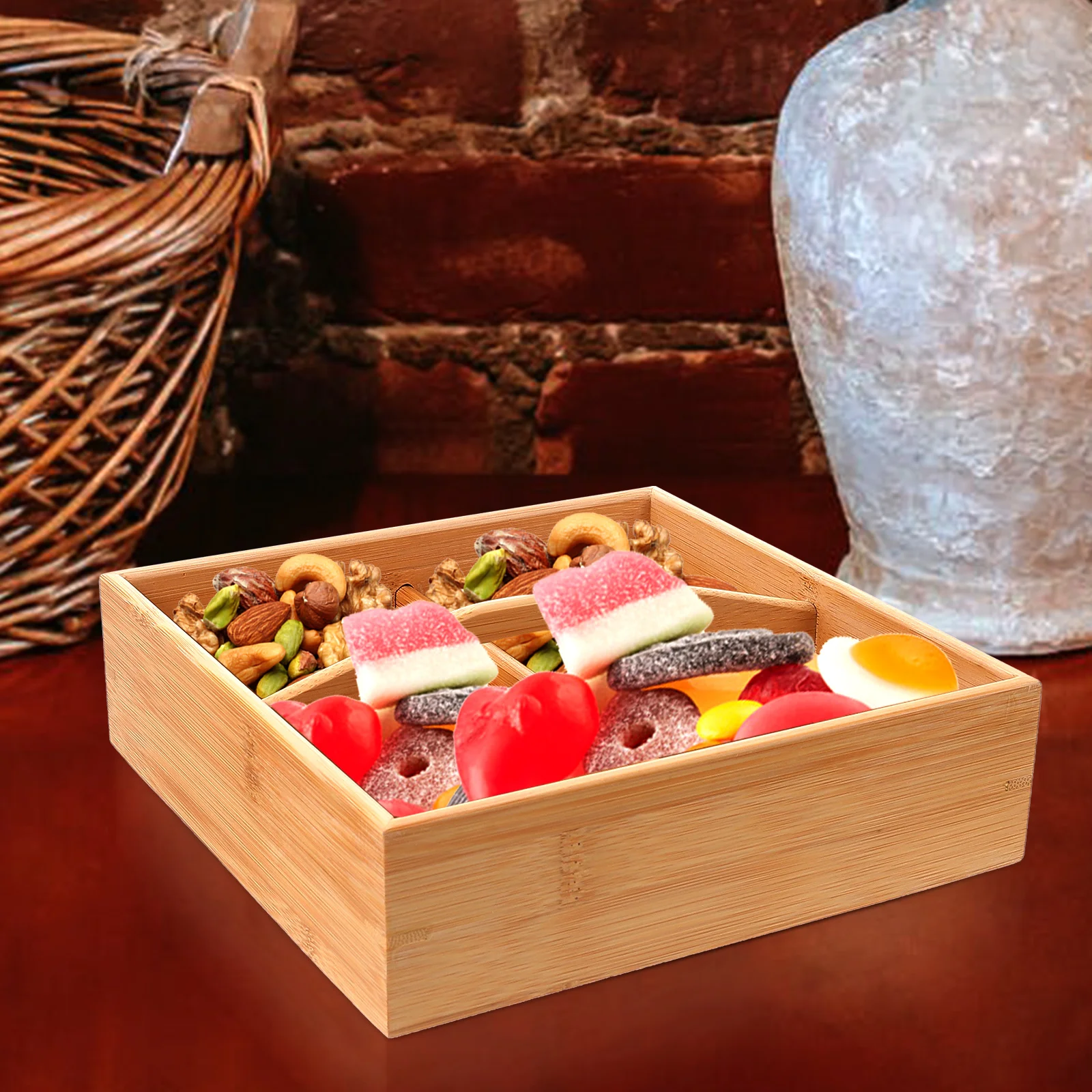 

Bamboo Snack Tray Fruit Plate Dessert Candy Container Divided Serving Tray Storage Boxes For Party Picnic Home Use