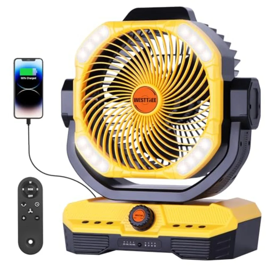 Battery Powered Fan for Bedroom: Yellow ABS Plastic, Quiet 360 Auto Oscillating Air Circulator with RGBW LED Light Rechargeable