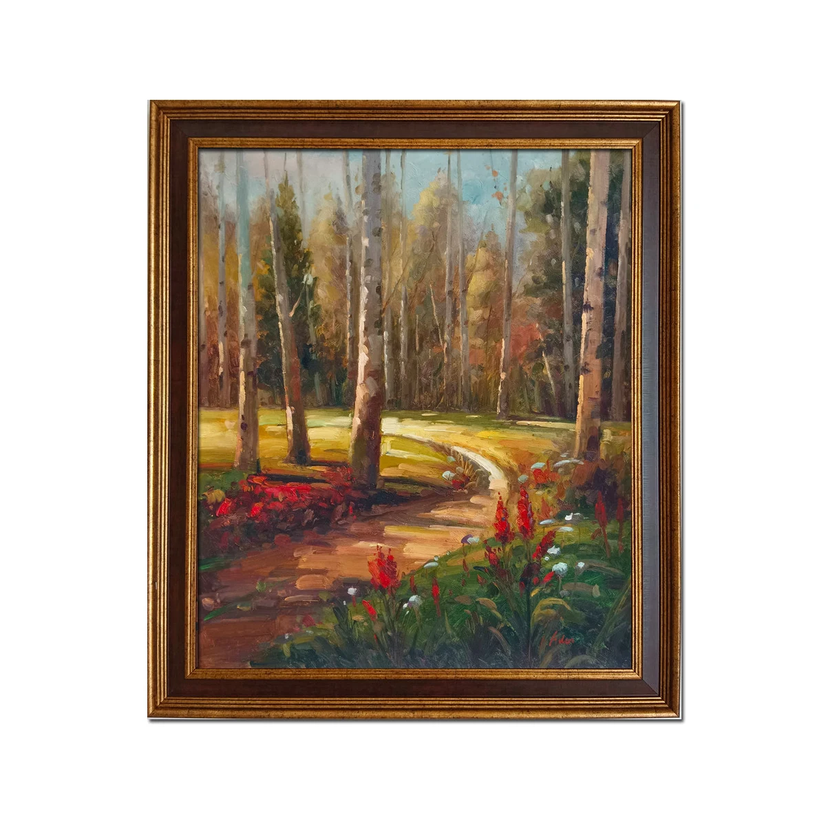 

Golden Framed-Handpainted Classical Forest Flowers Landscape IMPRESSIONISM Oil Painting on Canvas Wall Art