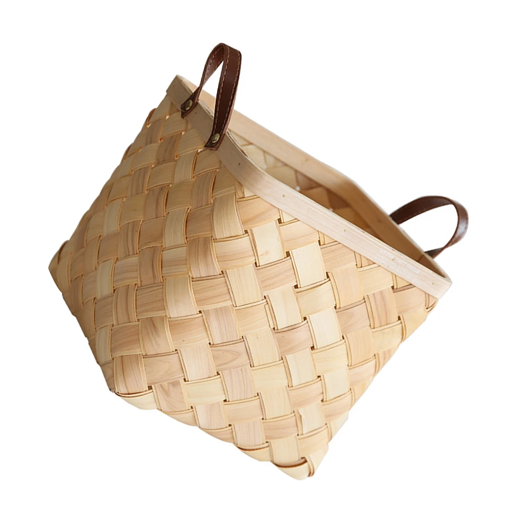 

1pc Wooden Chip Baskets Hollow Handles Storage Boxes Laundry Beauty Products Organization Home Decorative Garden Weave Stackable