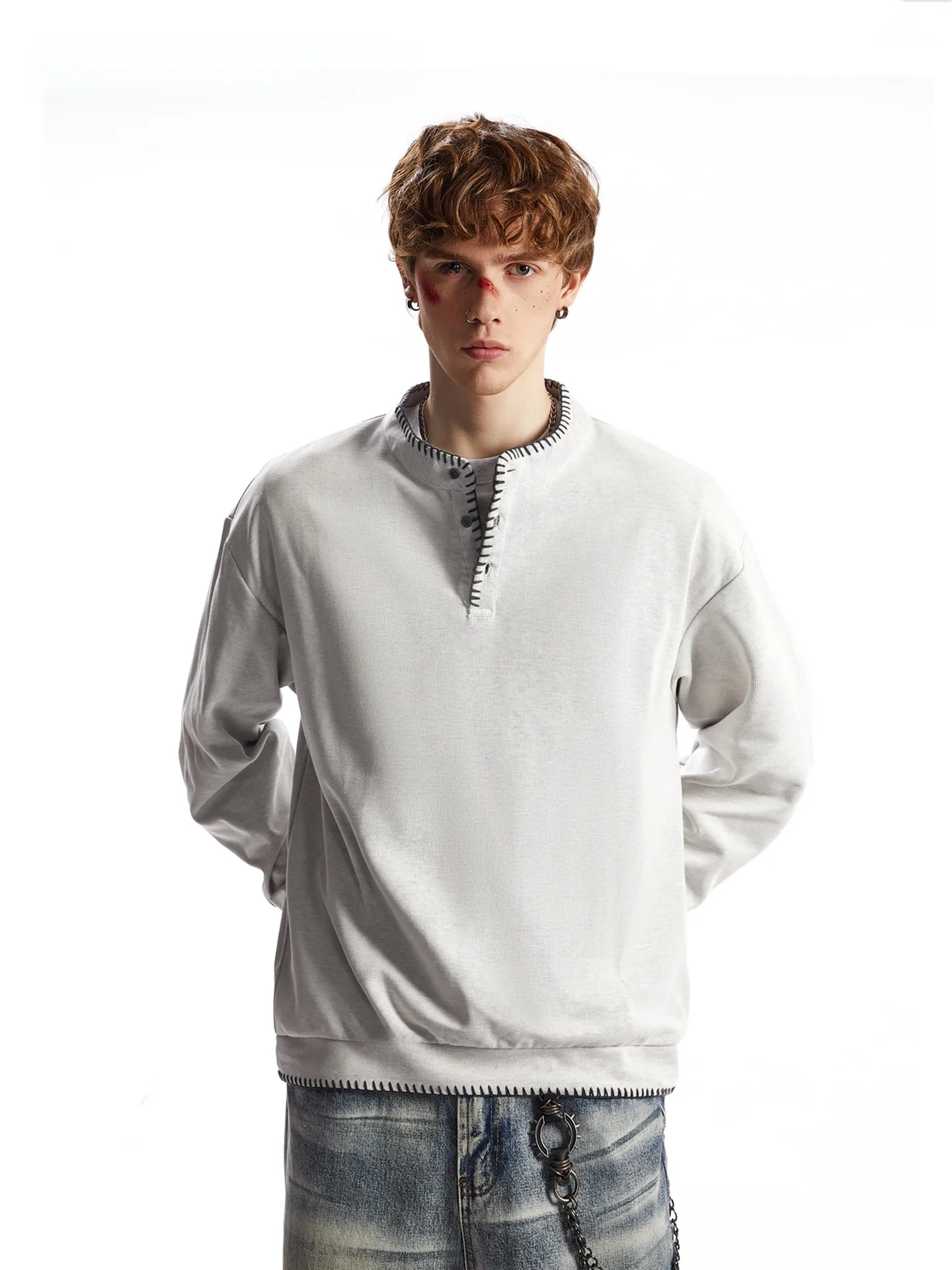 SDMADE American Retro Hand Sewn Loose Fit Henry Collar Sweatshirt Unisex Spring Autumn Casual Wear Comfortable Cotton Polyester