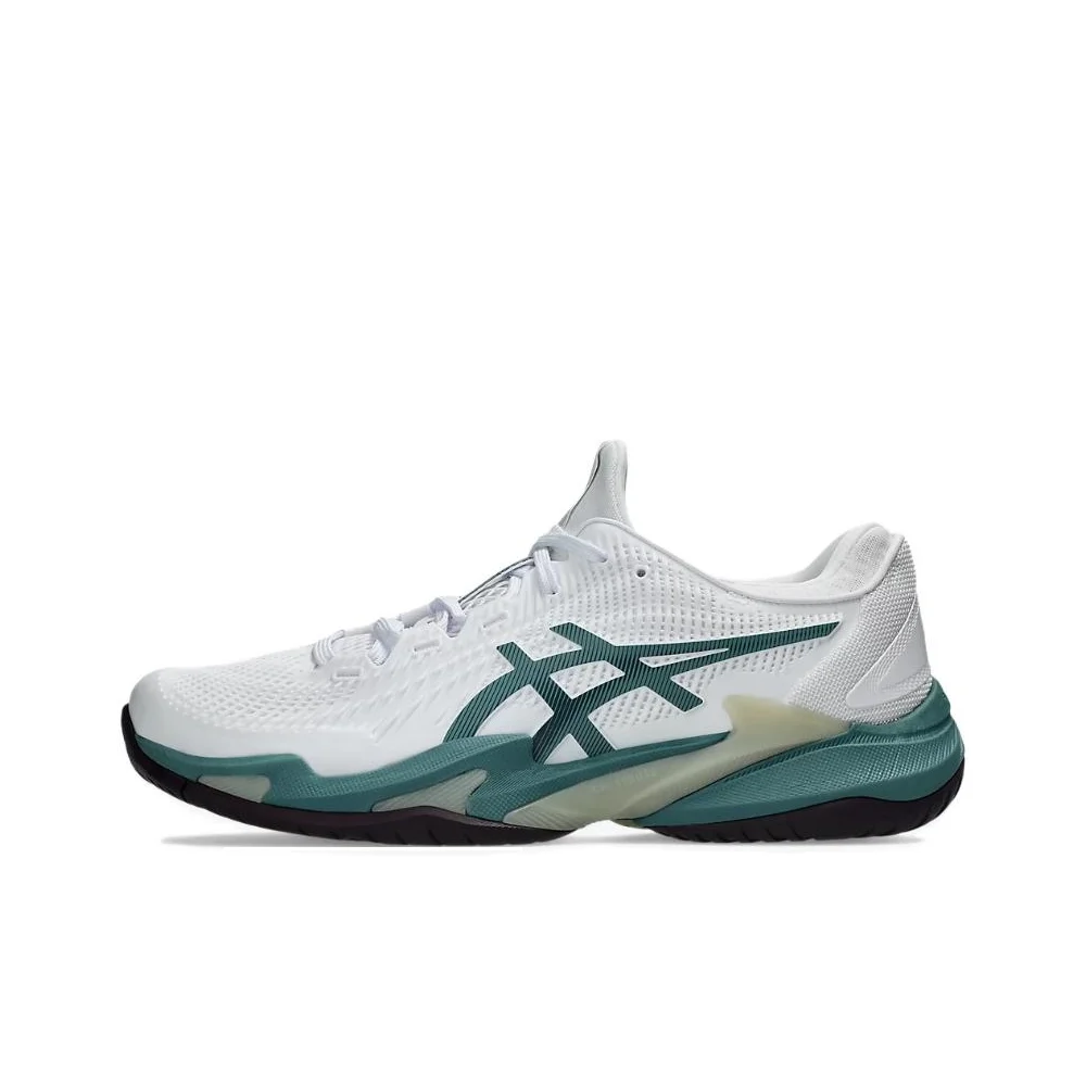 Chaussures de tennis ASICS Court FF 3 pour homme, coupe basse, blanc/bleu poussière/vert