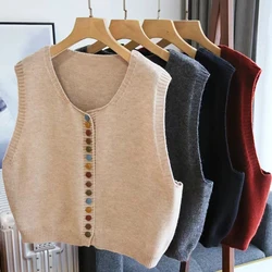 Autumn And Winter New Color Button Round Neck Knitted Vest Women Loose Joker Sleeveless Sweater Vest