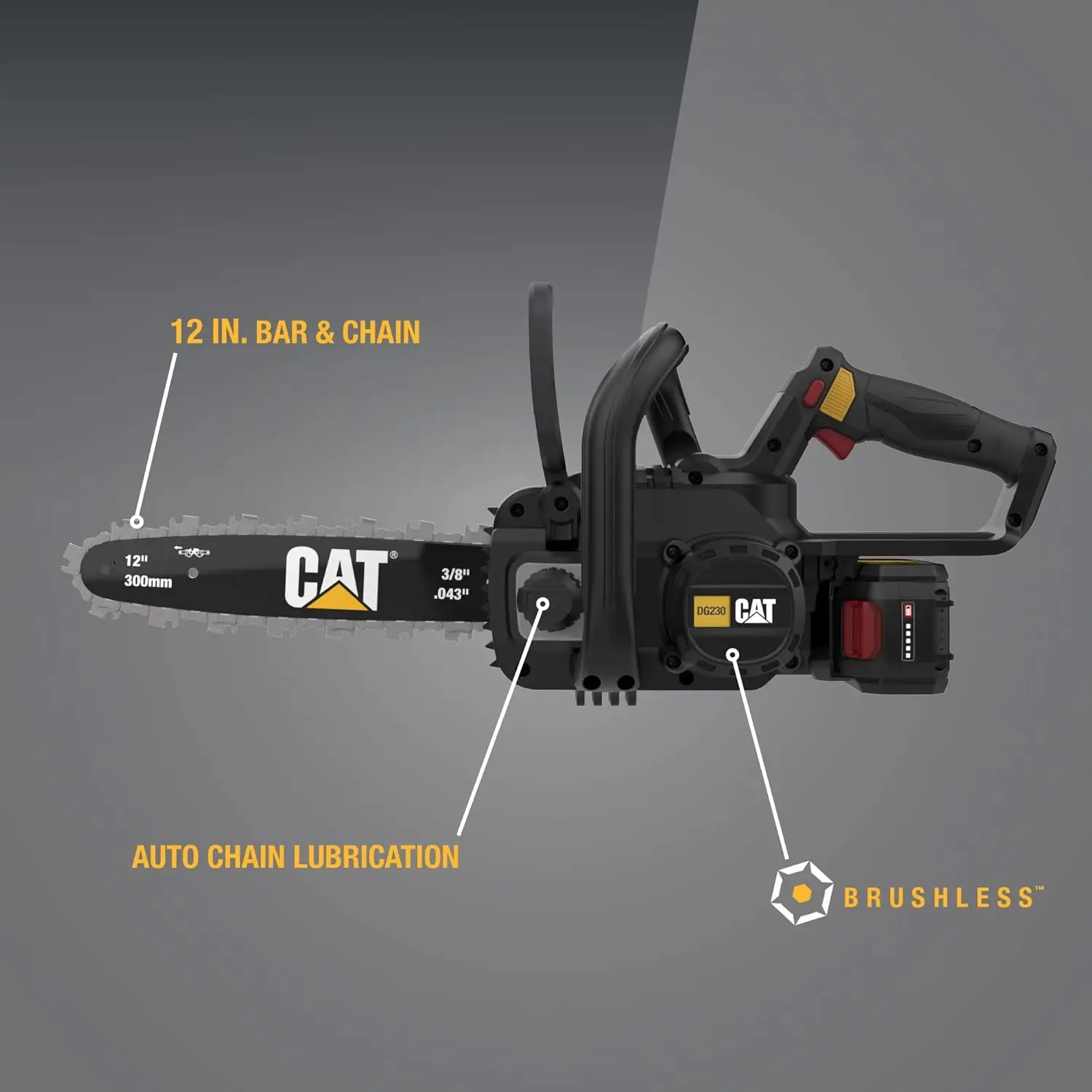 Cat Dg230 18V Brushless 12” Chainsaw, Battery Chainsaw With Tool-Free Chain Tensioning, Electric Chainsaw Cordless With Inertia