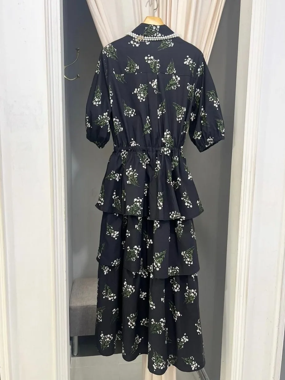 Vestido e con falda de pastel Floral y lazo en la cintura, lazos de manga media, cuello redondo, vestido largo en form...