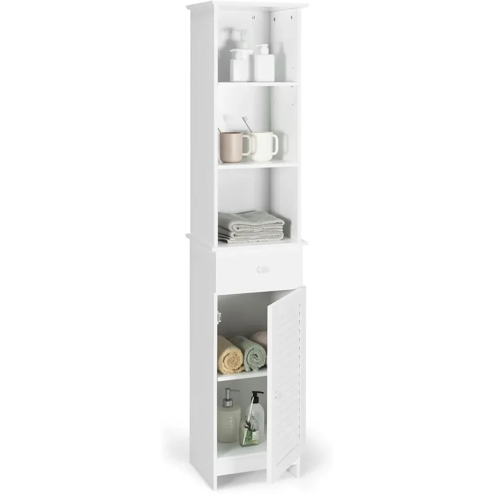 Tall Bathroom Cabinet - Slim Storage Solution with 3 Tier Shelf, Drawer & Enclosed Cabinet, Adjustable Shelves