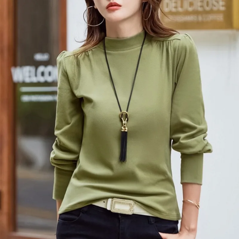 

Autumn and Winter Women's Pullover Solid Color Half High Neck Underlay Lantern Long Sleeve T-shirt Fashion Casual Elegant Tops