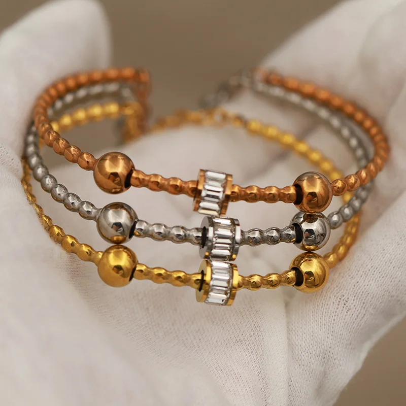 316L Classic Stainless Steel Crystal Geometric Bangles for Women Elegant Bangles Rust-proof Metal Beads Bracelets Wrist Jewelry