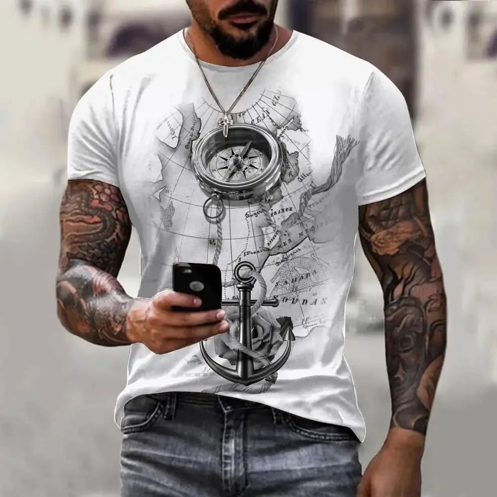 Men's Spring Summer 3D Printed Crew Neck T-Shirt, Vintage Broken Clock Compass Line Art Distressed Print Casual Leisure Tee