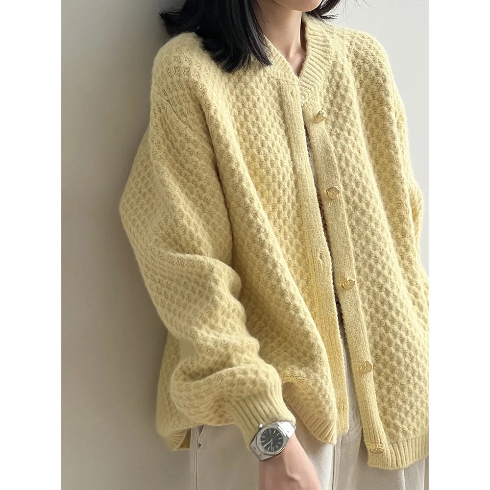 

Women Pineapple Knitted Cardigan Sweater Solid Jumpers Heart Buttons Long Sleeve O Neck Loose Single Breasted Casual 2025 Autumn
