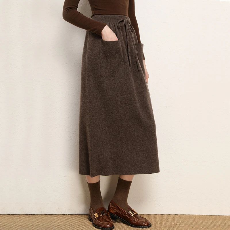 Cashmere Skirt Knitted Skirt Half Skirt, Double Pocket A-Line Skirt Skirts Plus Size Women Long Elegant Dress Women Clothing