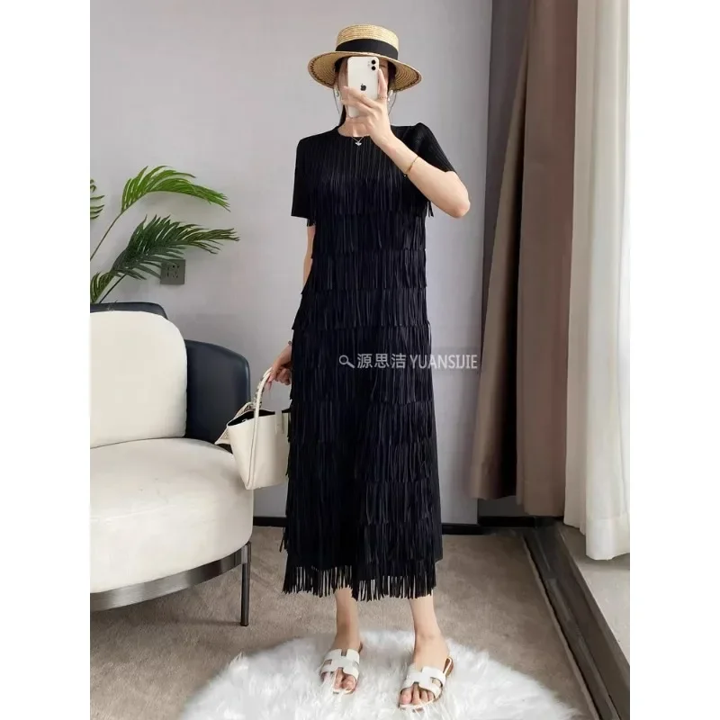 Miyake Folded Dress Women's Summer Fashion Tassel Design Slim and High End Medium Length Dress