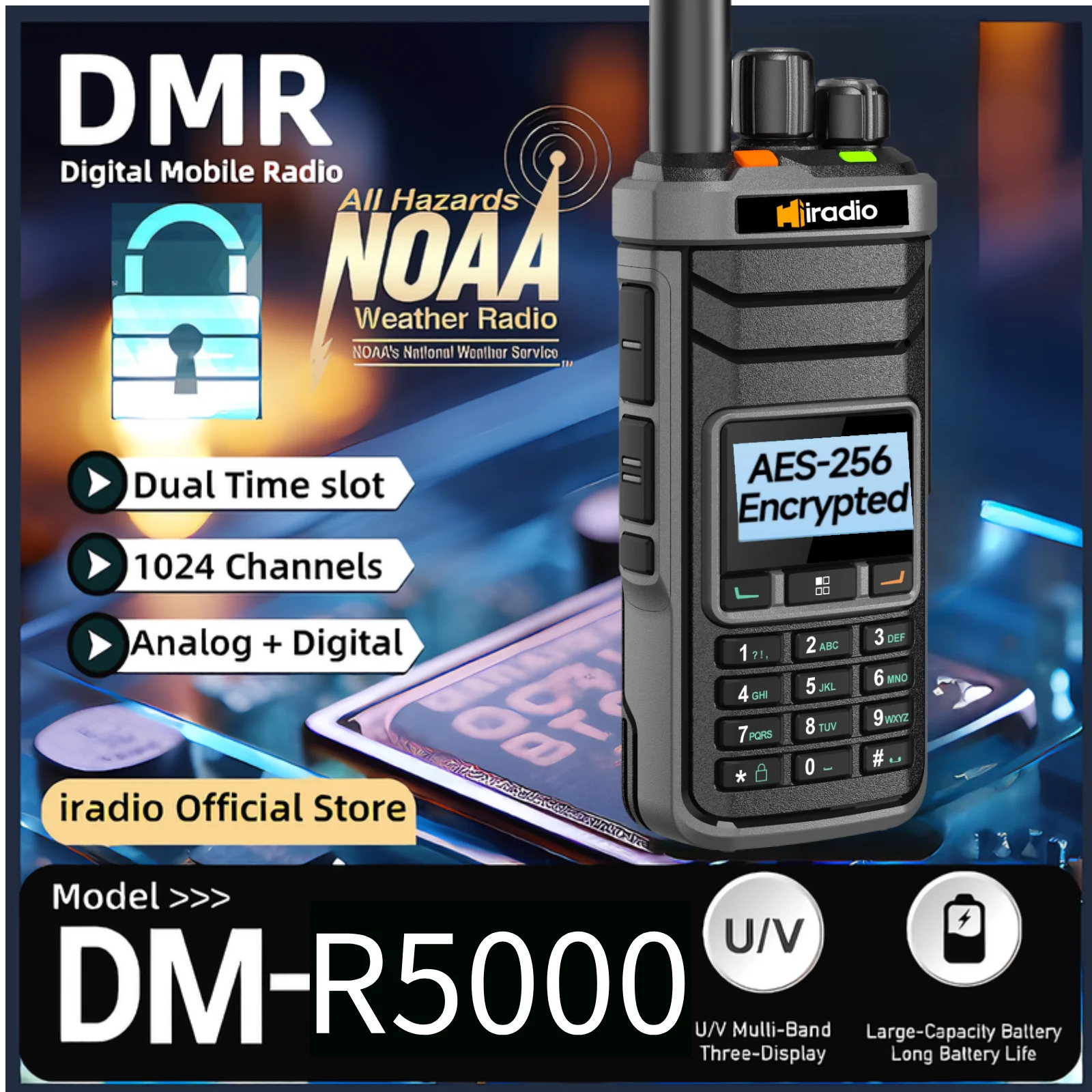 Iradio R5000 جهاز اتصال لاسلكي رقمي ثنائي الوضع DMR/تناظري اتجاهين راديو فتحة زمنية مزدوجة راديو هام 1024CH SMS AES256 NOAA DTMF UV #2