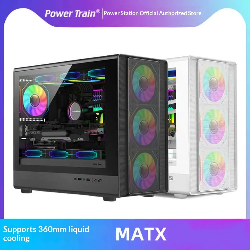 

Power Train N1 case, MATX desktop computer, glass side panel with perforated mesh for ventilation, 360-degree water cooling