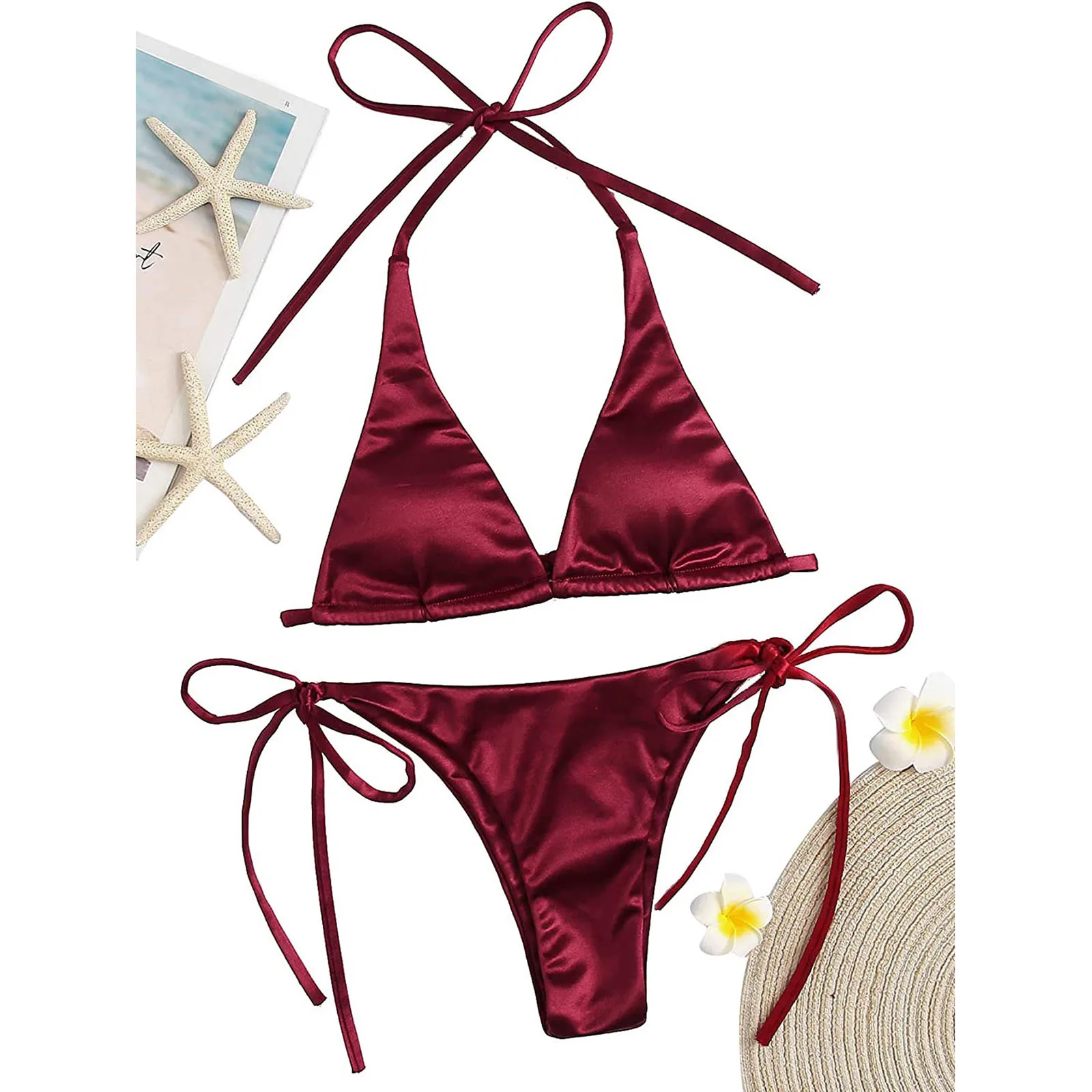 Sexy Bikini Satin Silk Swimsuit Women Swimwear Push Up Set Brazilian Bathing Suit Summer Two Pieces Lace Up Beach Wear Swimsuit