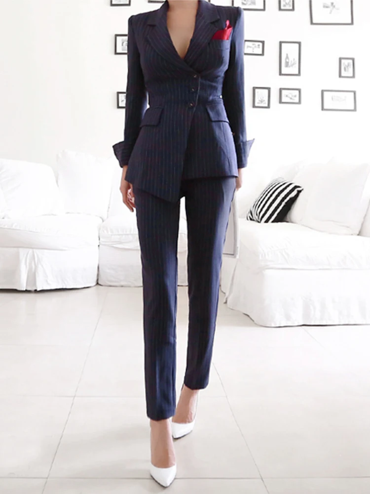 Formal 2 Piece Outfits Elegant Office Women Temperament Striped Single Breasted Asymmetrical Blazer Outwear Pants Trouser Suits