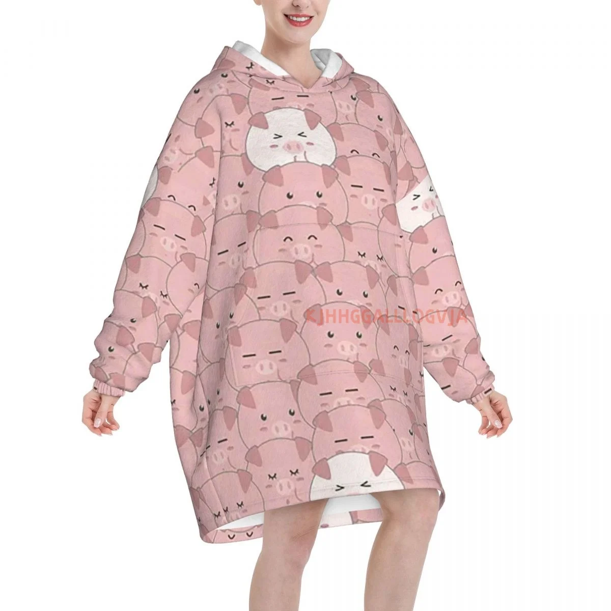 Cute Cartoon Pink Pig Wearable Flannel Blanket Hoodie Oversized Hooded Blanket Pullover Sweatshirt Fleece Sherpa Blankets