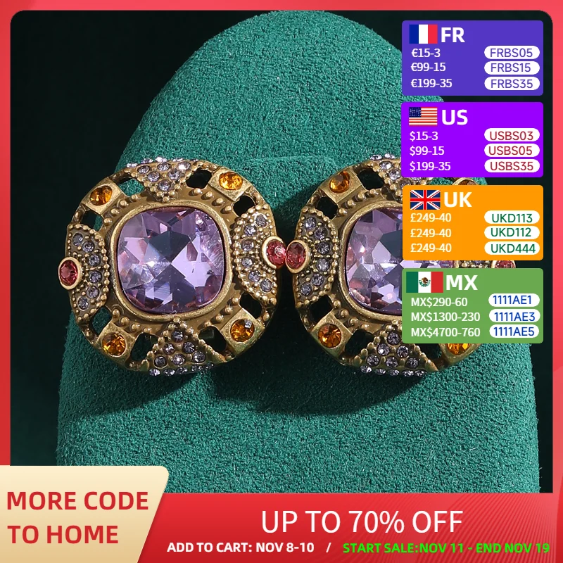 

Vintage Crystal Purple Earrings Woman Stud Luxury Designer Jewelry Rhinestones Gold Color Colorful Indian Antique 2025 New