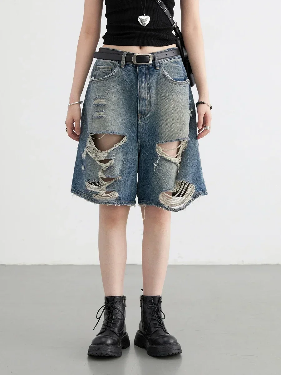 CHIC VEN Women Shorts Loose Blue Distressed Burr Edge Denim Shorts Wide Leg Short Jeans Female Pants Summer 2024