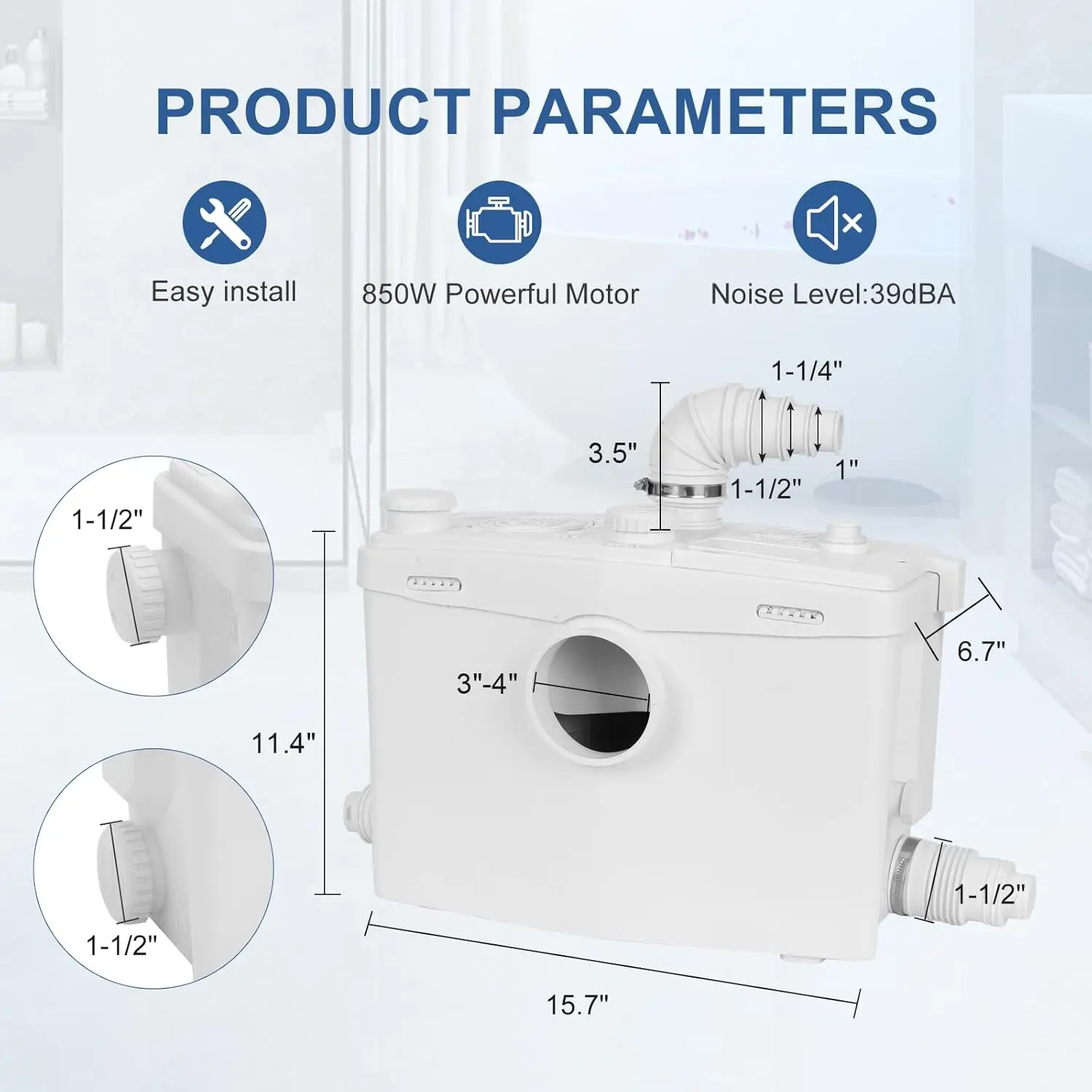 مضخة Macerator بقدرة 800 وات، مضخة تواليت Macecrating للطابق السفلي مع 4 وصلات مائية لمرحاض Macerating والغسيل